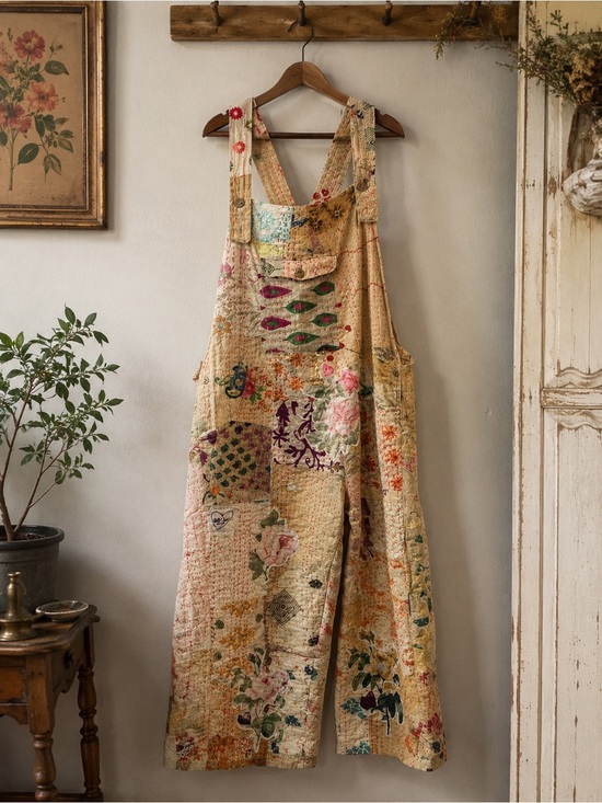 Other - Quilted Patchwork Floral Overalls in Beige